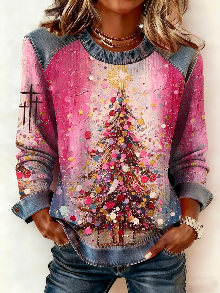 Comstylish Women's Winter Faith Christmas Faux Denim Print Top