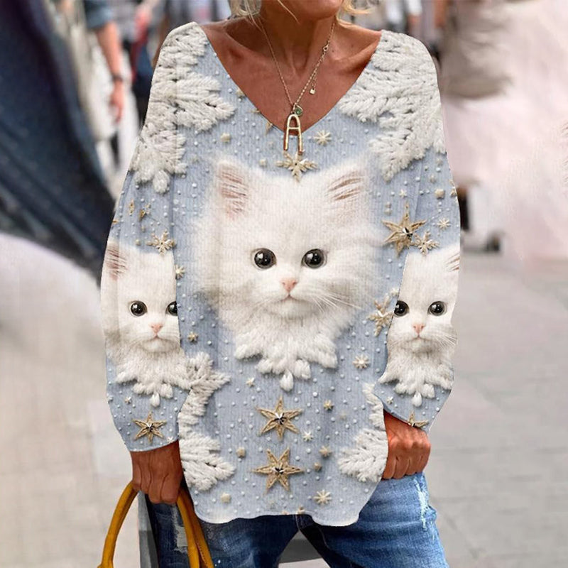 Cute Cat Print V-Neck Loose T-Shirt elevenforest
