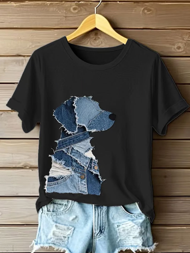 Comstylish Women's Retro Funny Denim Patch Animal Dog Print T-shirt
