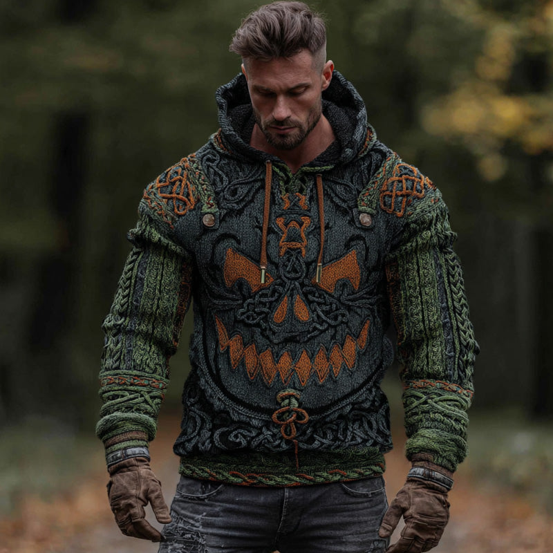 Men's Vintage Viking Halloween Ghost Face Embroidered Hoodie elevenforest