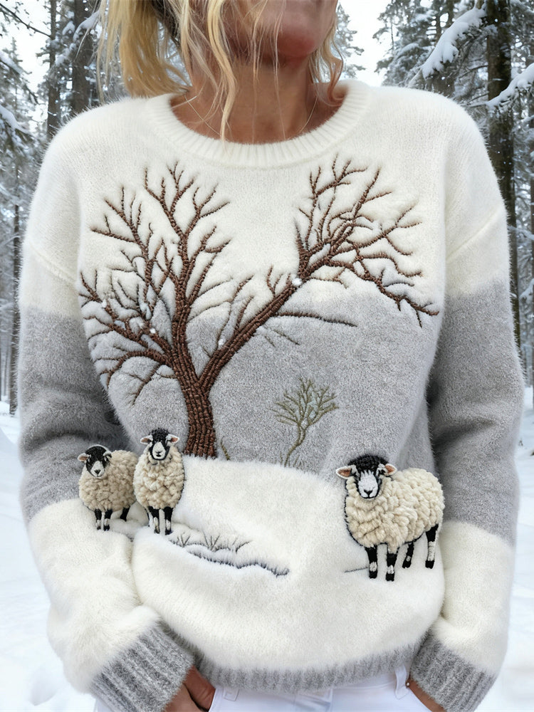 Sheep Snow Scene Forest Women's Knit Sweater