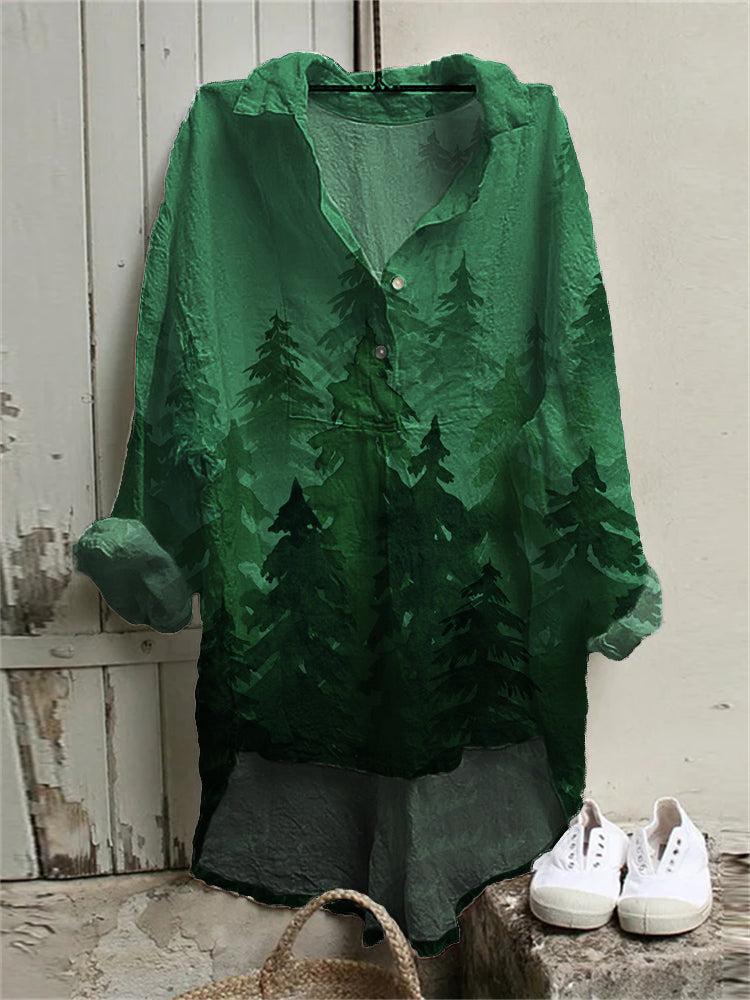 Comstylish Foggy Forest Watercolor Art Linen Blend High Low Tunic