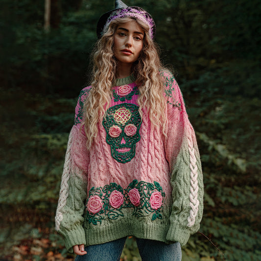 Women's Viking Tribal Jacquard Celtic With Rose And Skull Inspired Chunky Knit Round Neck Sweater artswardrobe