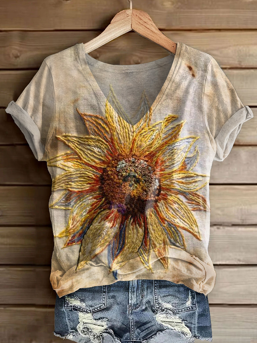 Women's Bohemian Floral Art Print V-neck Casual T-Shirt