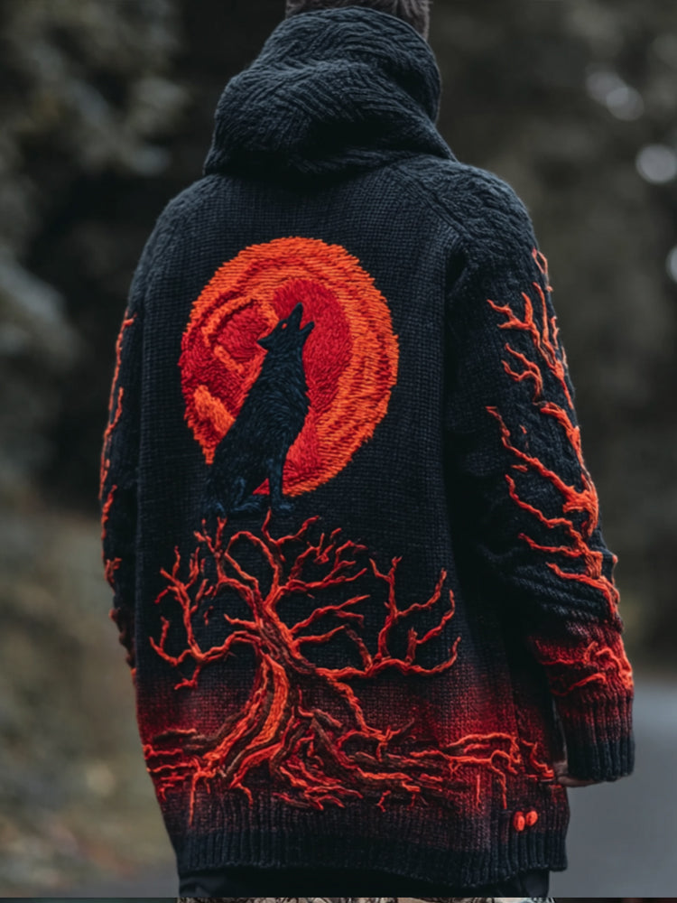 Halloween Tree Of Life Wolf Howl Embroidery Hoodie Long Sweater artswardrobe