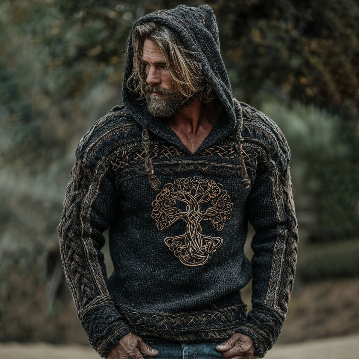 Men's Viking Tribal Tree Of Life Jacquard Knitted Hooded Sweater artswardrobe