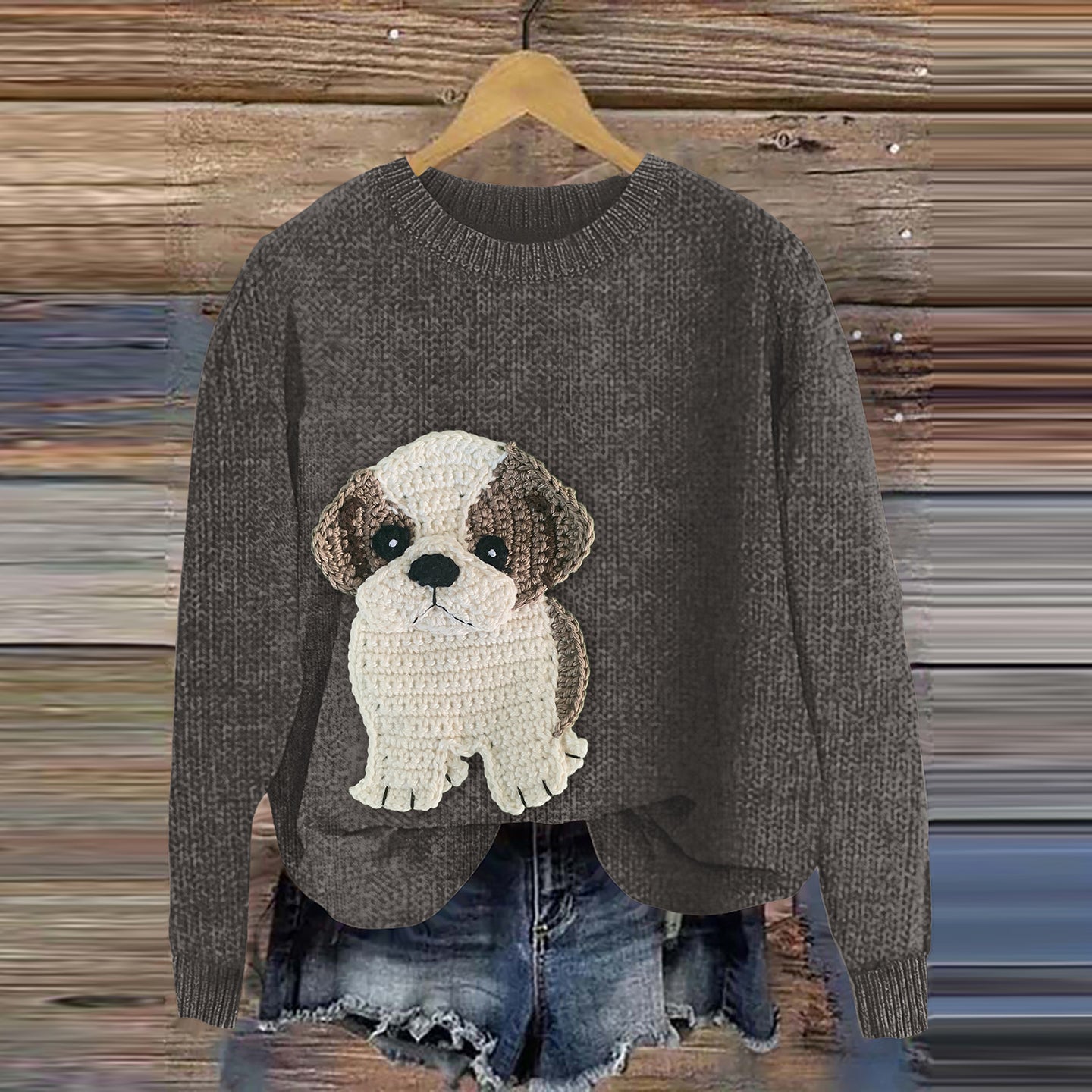 Comstylish Shih Tzu Applique Crochet Art Cozy Sweater