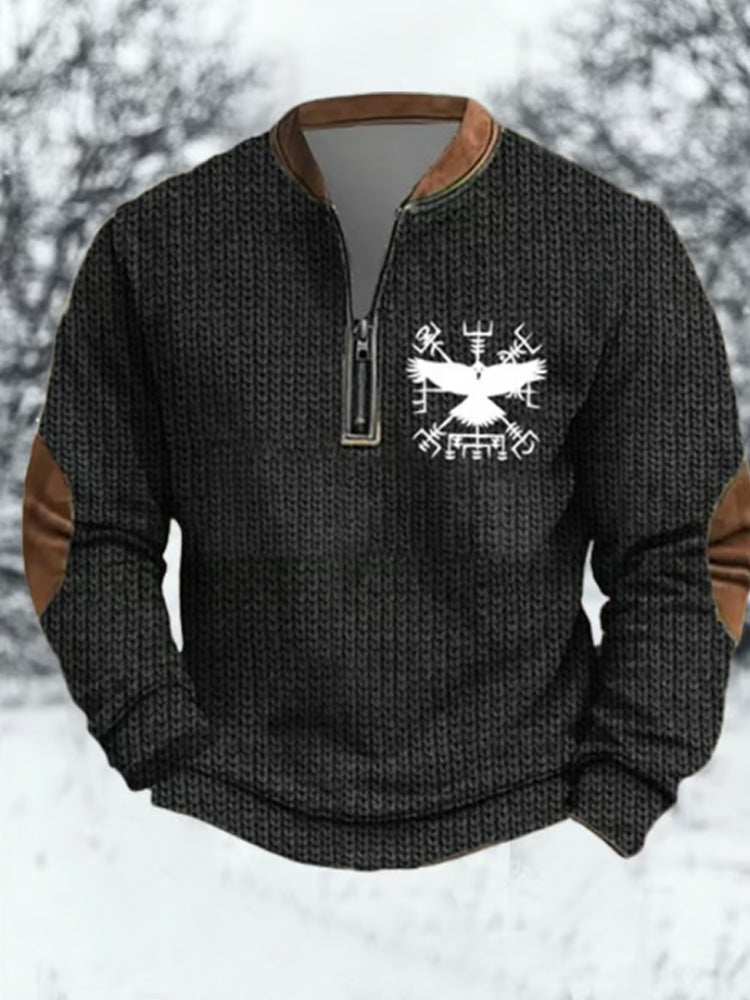 Men's Vintage Vegvisir Viking Compass Print Zipper Neck Sweatshirt elevenforest