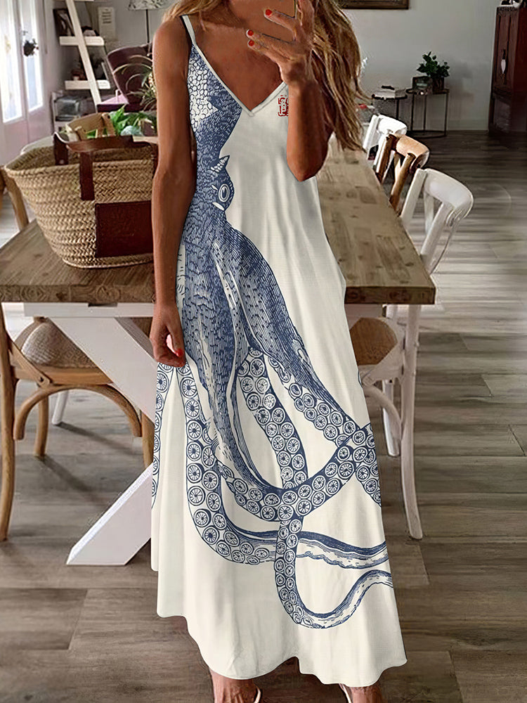 Retro Japanese Art Octopus Print Cami Maxi Dress