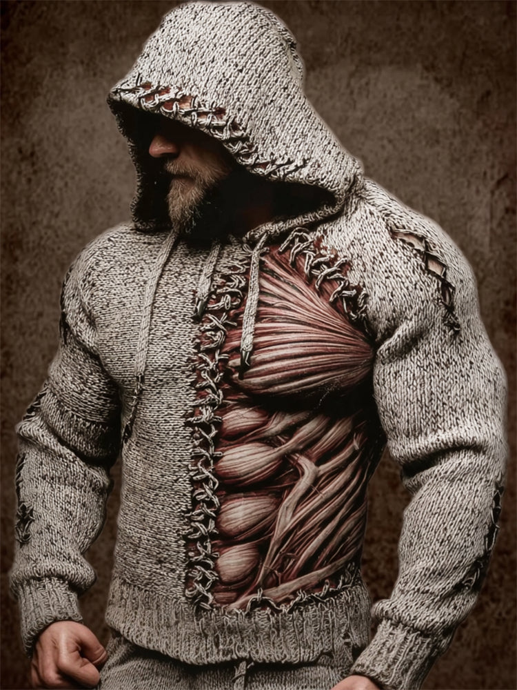 Men's Muscle Anatomy Stitched Contrast Cozy Knit Hooded Sweater artswardrobe