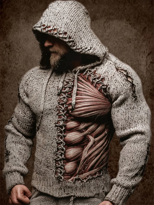 Men's Muscle Anatomy Stitched Contrast Cozy Knit Hooded Sweater artswardrobe