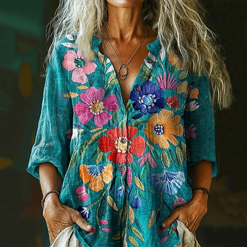 Comstylish Women's Vintage Floral Art Print Linen Blend Shirt