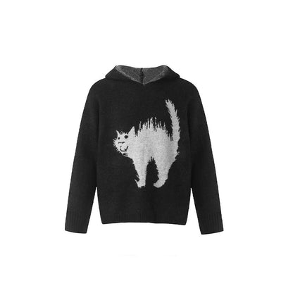 Unisex Scaring Black Cat Jacquard Art Knit Cozy Unisex Hooded Sweater artswardrobe