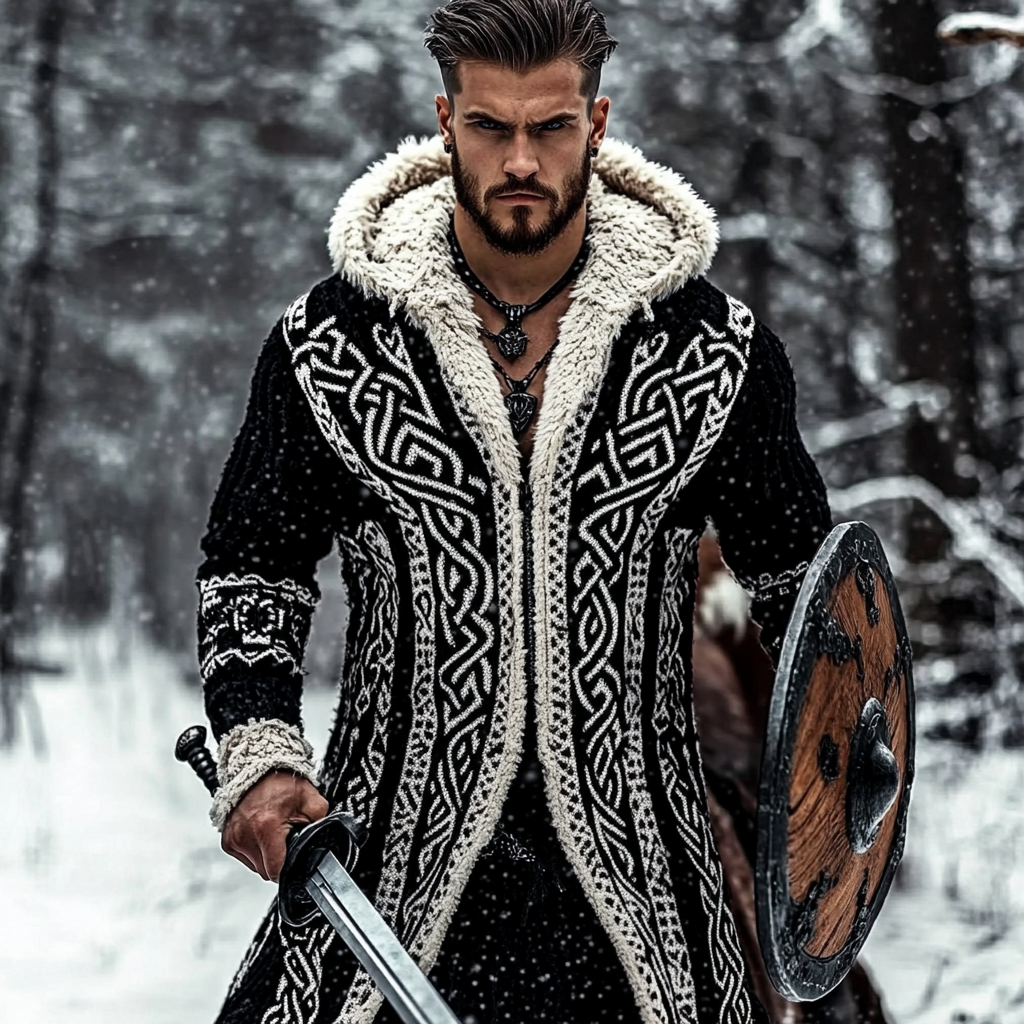 Men's Viking Tribal Pattern Jacquard Celtic Cozy Cardigan Sweater elevenforest