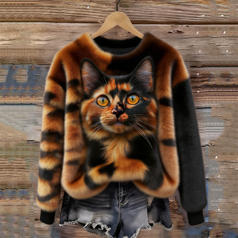 Comstylish Vintage Tortoiseshell Cat & Pattern Cozy Plush Sweatshirt