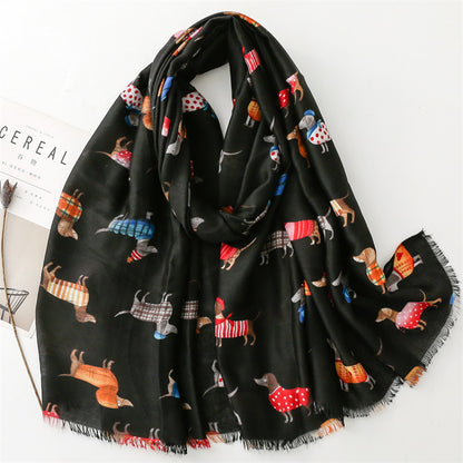 Comstylish Women's Cute Cartoon Dachshund Dog Print Raw Trim Shawl Scarf
