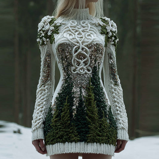 Women's Christmas Tree Forest And Floral Celtic Knot Sequins Knit Turtleneck Mini Sweater Dress artswardrobe