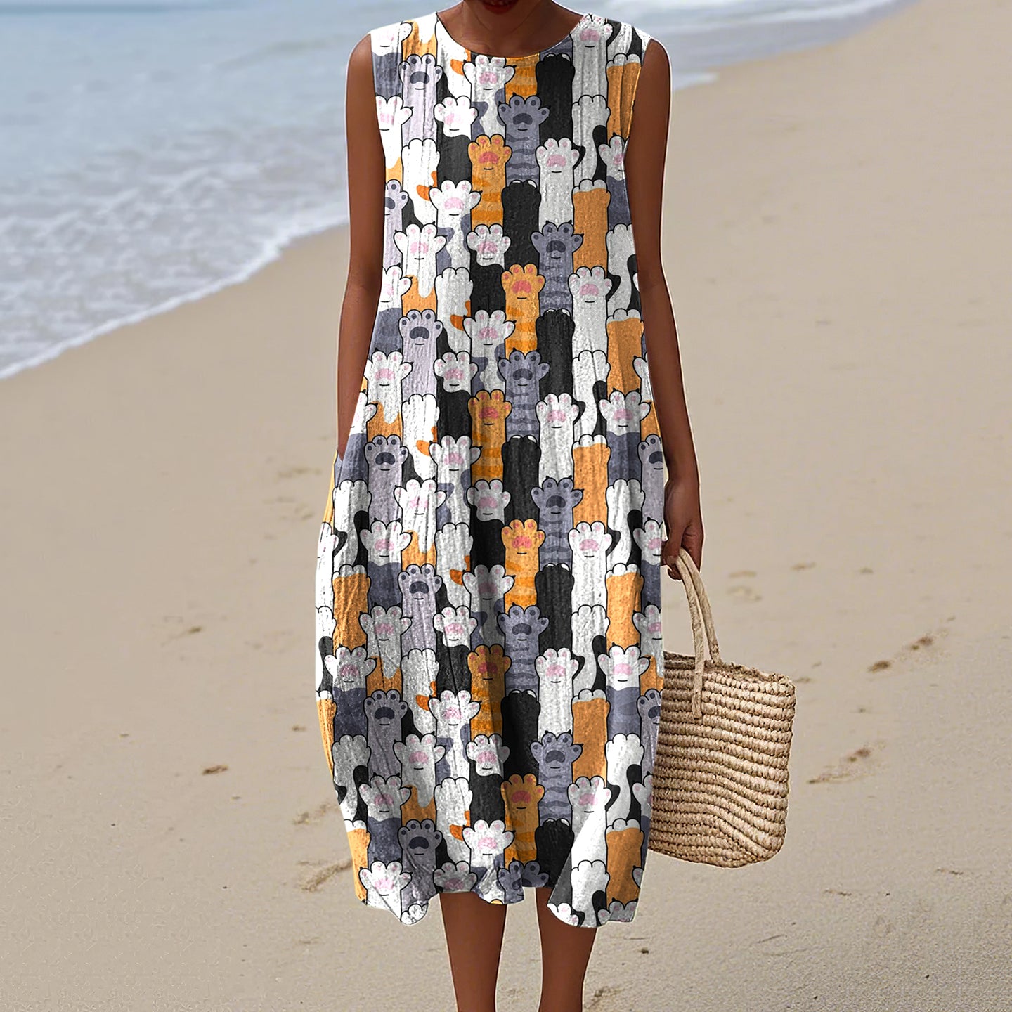 Women's Cat Paw Print Crew Neck Tank Midi Dress elevenforest