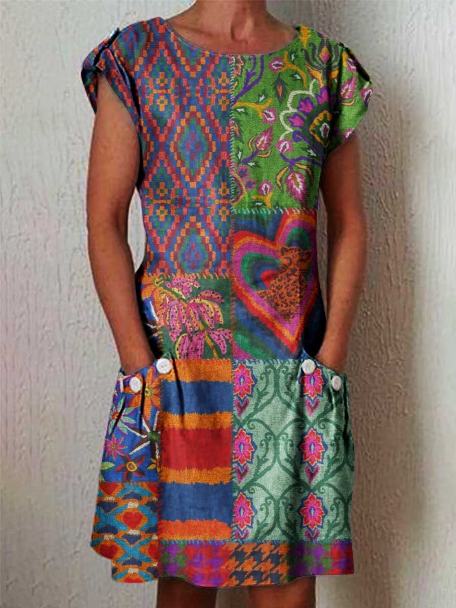 Women's Vintage Geometric Floral Pocket Dress