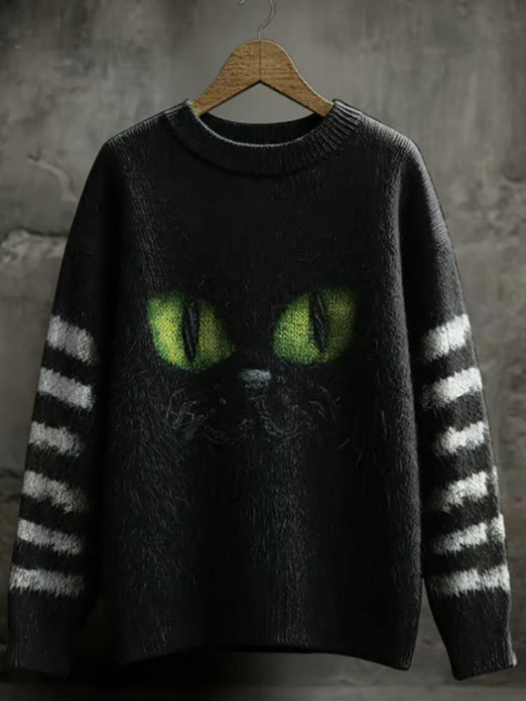 Women's Casual Halloween Black Cat Striped Sweater elevenforest
