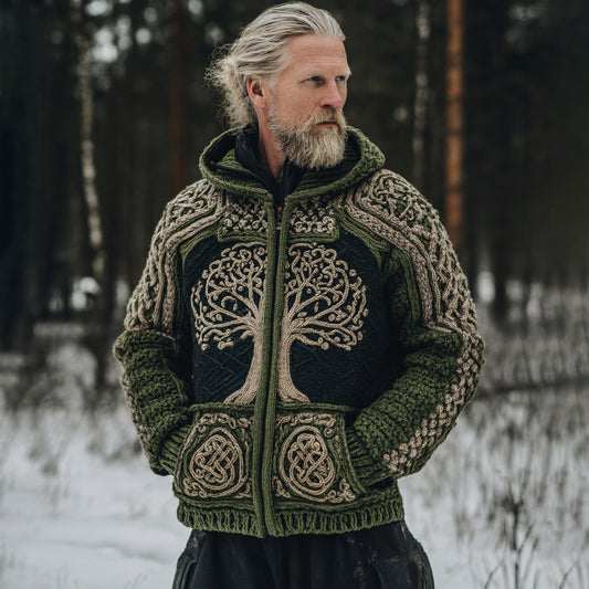 Men's Vintage Viking Tree Of Life Celtic Knot Art Chunky Knit Hooded Zip-up Sweater artswardrobe