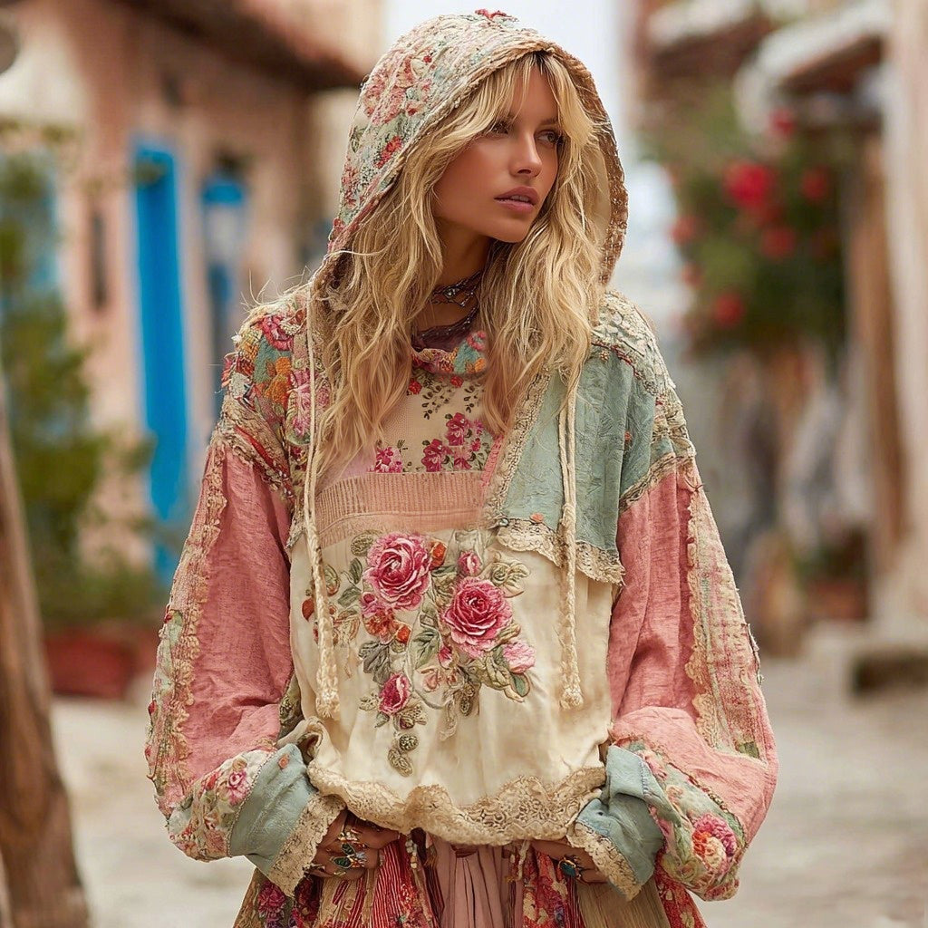 Comstylish Love & Health Collection Classic Floral Patchwork Art Linen Long Sleeve Hoodie