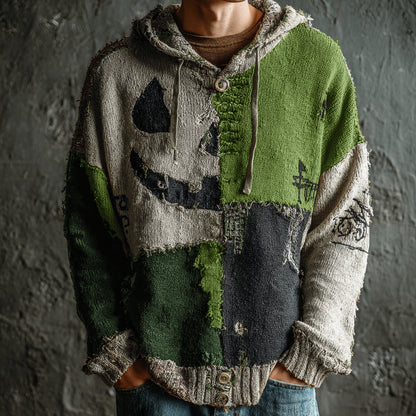 Men's Halloween Pumpkin Face Colorblock Stitched Cozy Knit Hooded Sweater elevenforest
