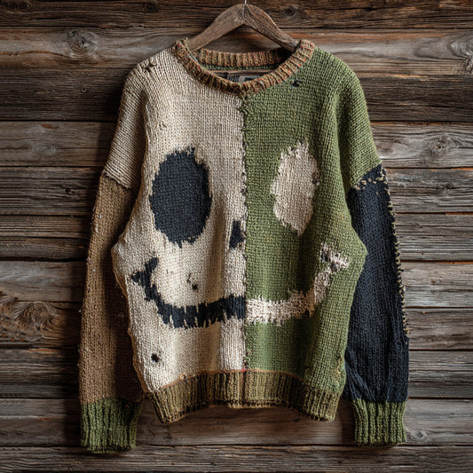 Halloween Spooky Face Contrast Stitching Cozy Crew Neck Knitted Sweater elevenforest