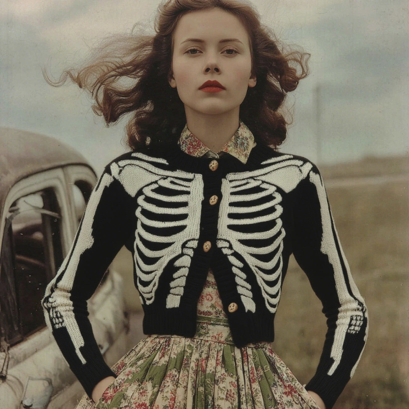 Women's Vintage Skull Ribs Pattern Cozy Knit Sweater Cardigan artswardrobe