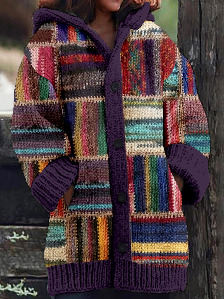 Vintage Square Geometric Striped Cozy Hooded Cardigan artswardrobe