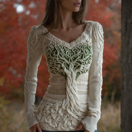 Women's Viking Celtic Tree Of Life Knit V Neck Sweater artswardrobe