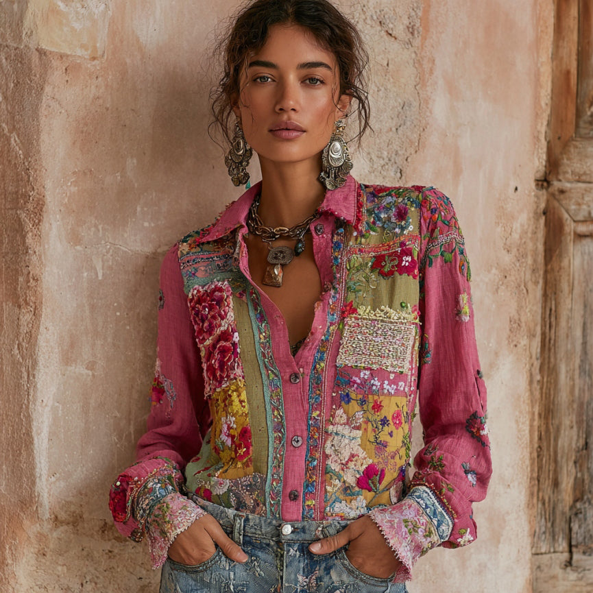 Comstylish Women's Vintage Bohemian Floral Embroidery Patchwork Art Shirt
