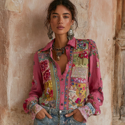 Comstylish Women's Vintage Bohemian Floral Embroidery Patchwork Art Shirt