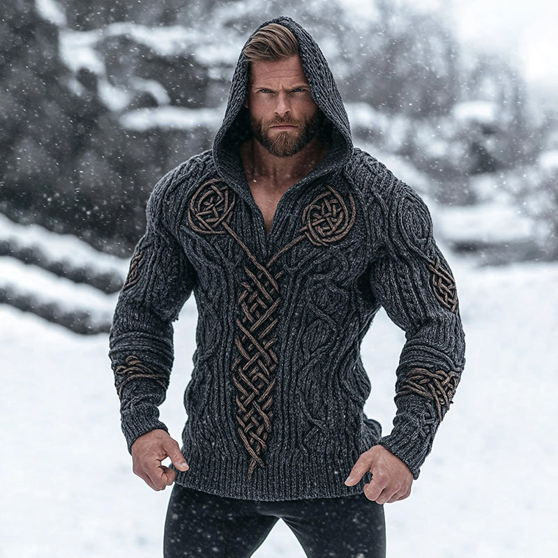 Men's Viking Tribal Raven Rune Celtic Inspired Knit Hooded Sweater elevenforest