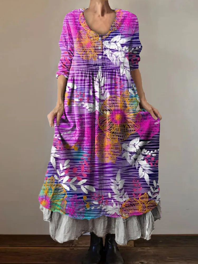 Women's Art Painting Hippie Vintage Floral Print V Neck Dress