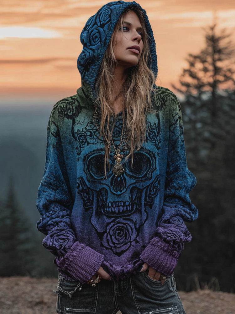 Halloween Gothic Dark Retro Style Women's Gradient Hooded Knit Sweater artswardrobe