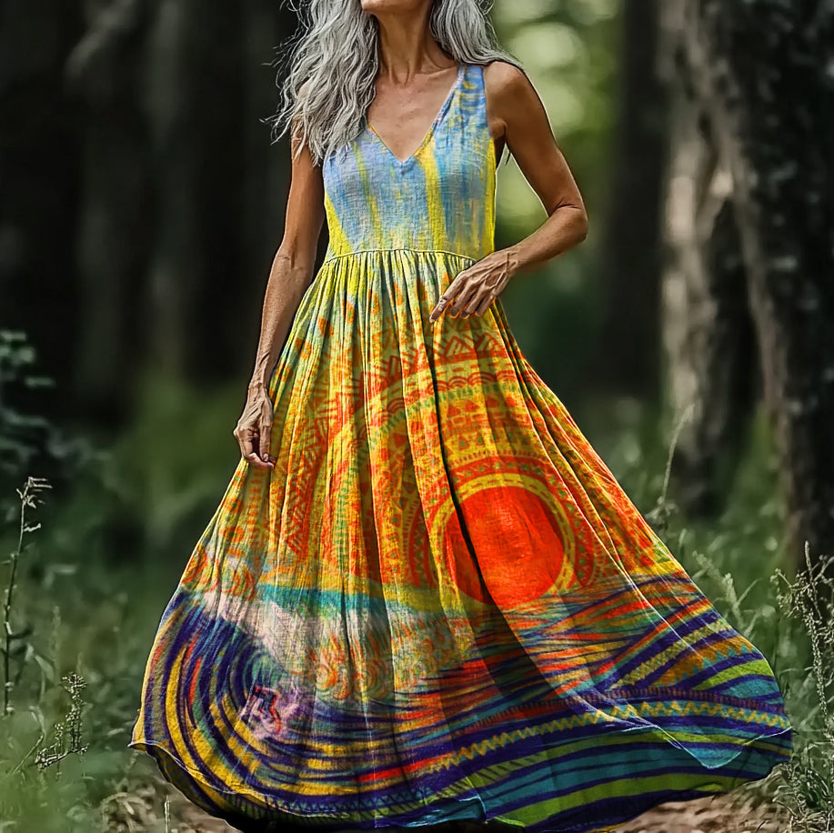 Women's Boho Sun Ethnic Art Pattern Print V-neck Sleeveless Cotton Dre