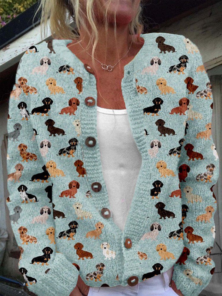 Comstylish Lovely Dachshund Pattern Crew Neck Cozy Knit Cardigan