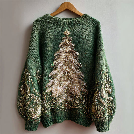Elegant Christmas Tree Beaded Cozy Knit Sweater artswardrobe