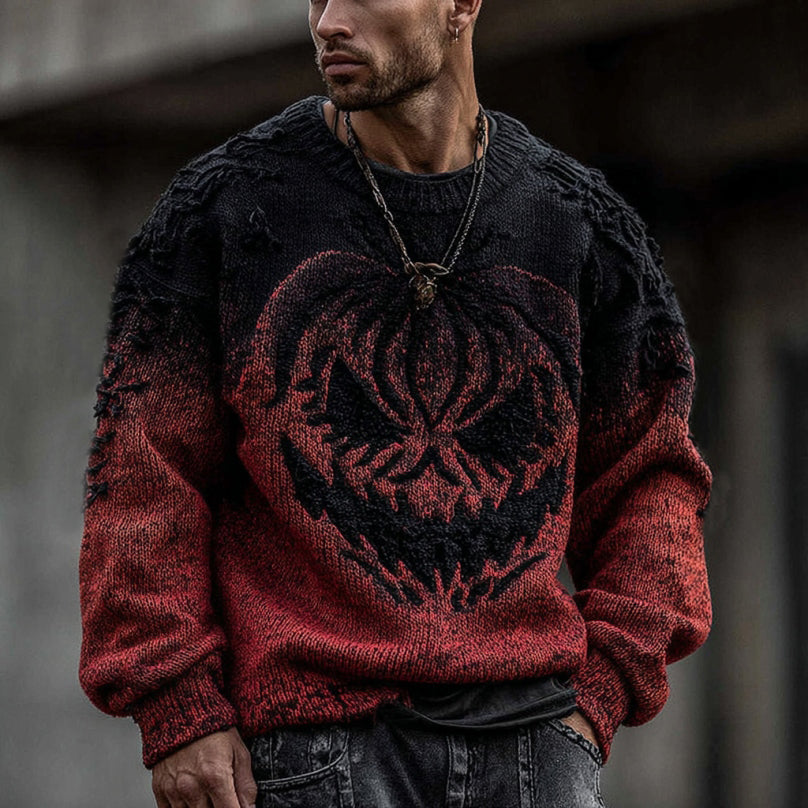 Men's Halloween Pumpkin Face Gradient Cozy Knit Pullover Sweater artswardrobe