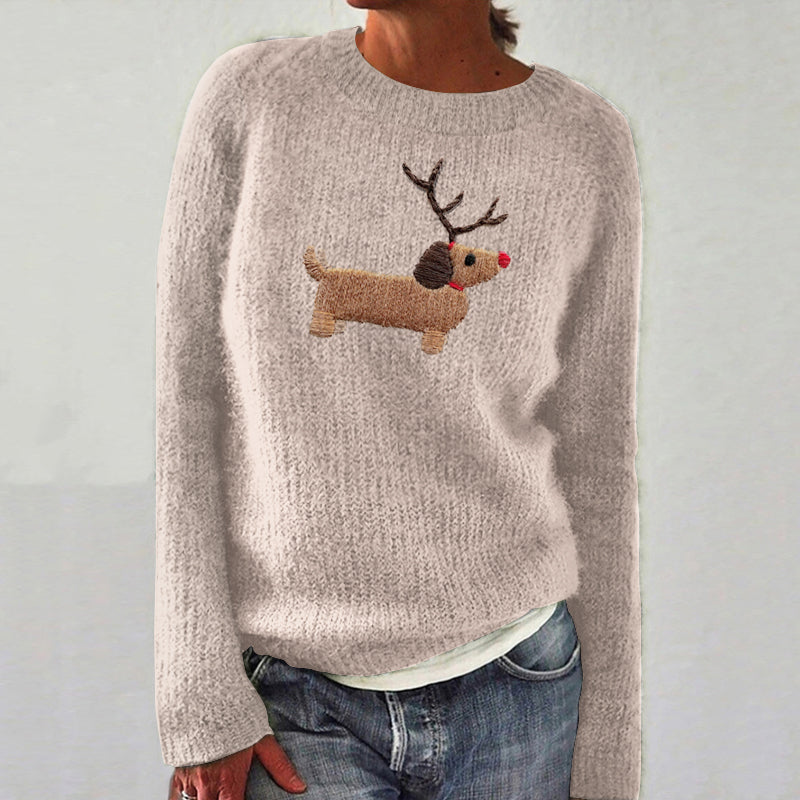 Comstylish Christmas Dog Embroidery Art Cozy Knit Sweater