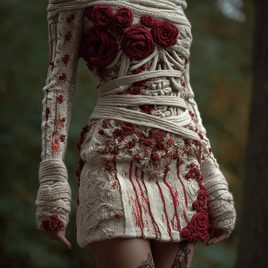 Comstylish Women's Halloween Skeleton Rose Art Mini Round Neck Dress