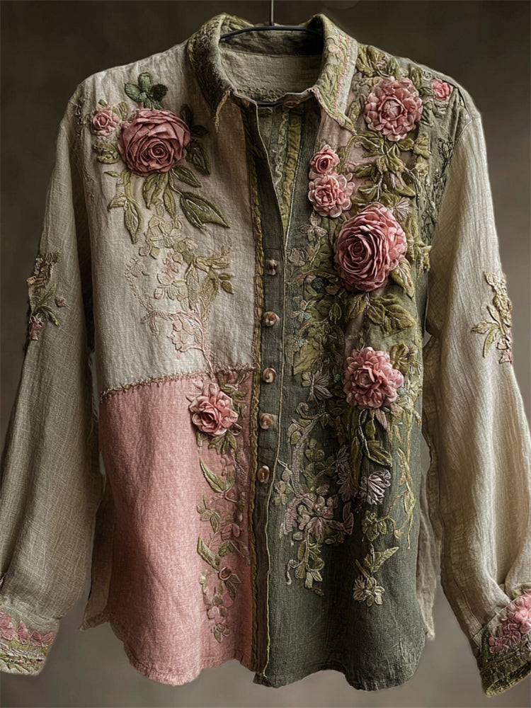 Comstylish Vintage Pink Roses Fiber Art Embroidered Patchwork Linen Blouse
