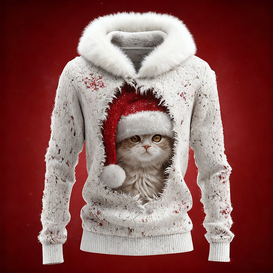 Comstylish Cute Christmas Cat Pattern Design Winter Warm Women's Hooded Knit Sweater