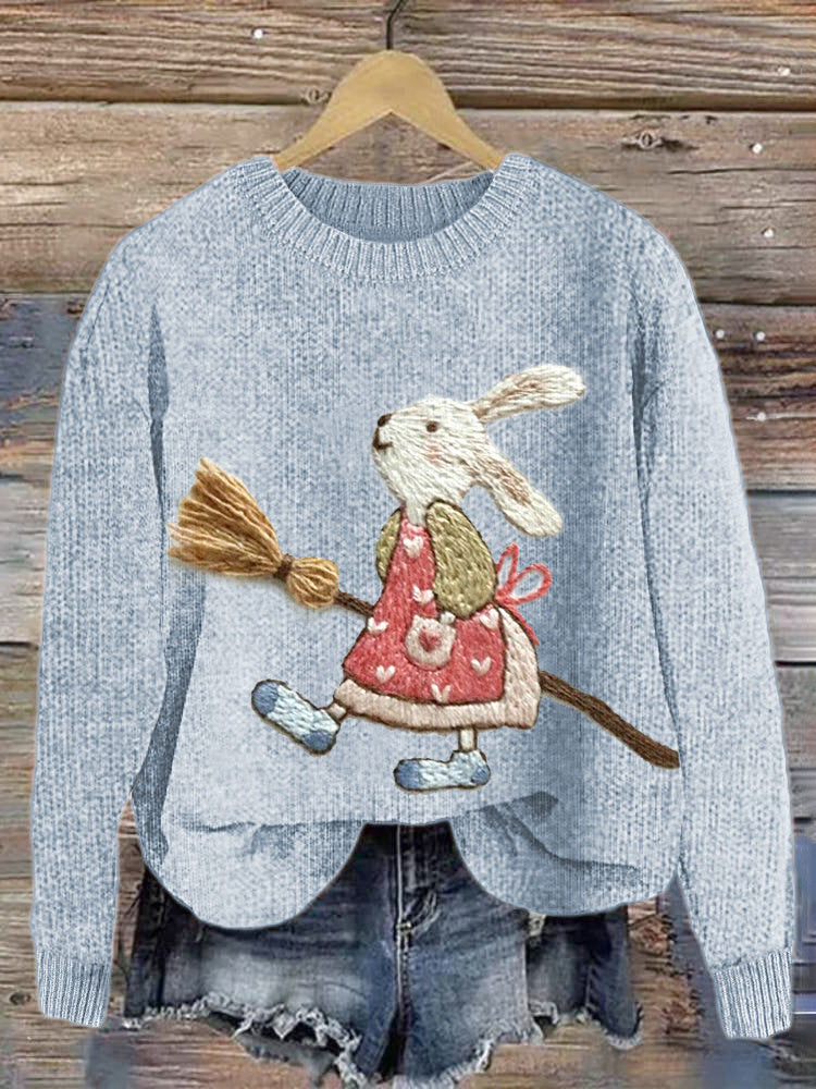 Cute Bunny Embroidery Art Cozy knit Sweater artswardrobe