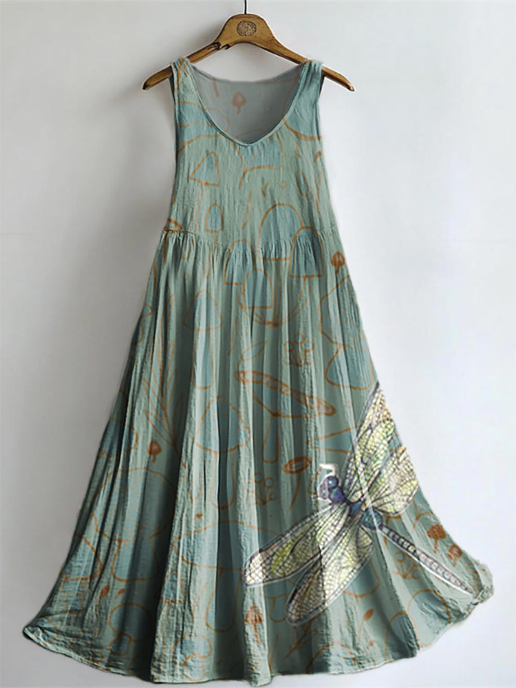 Women's Mushroom Dragonfly Art Pattern Print Sleeveless Cotton Pocket