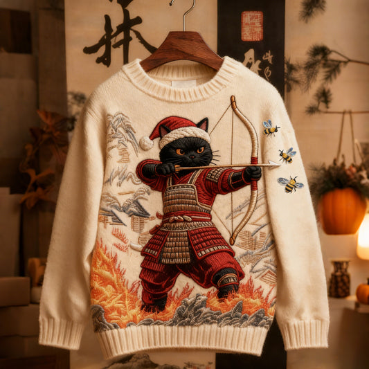 Men's Vintage Funny Christmas Black Cat Samurai Shooting Bee Art Jacquard Knit Sweater elevenforest