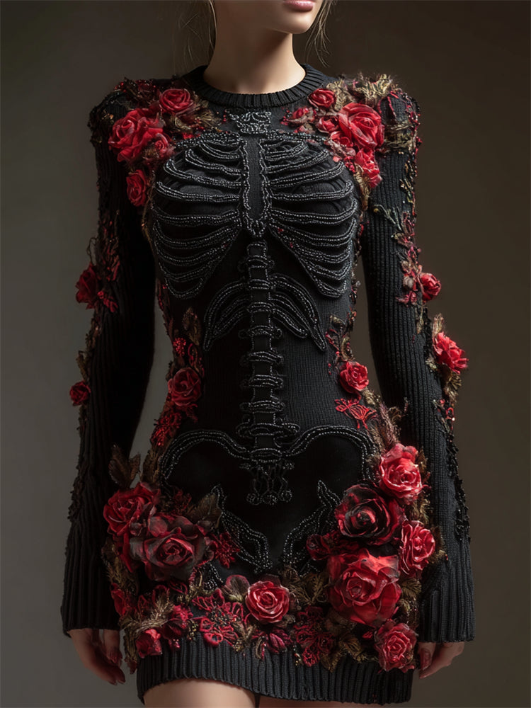Dark Skeleton Anatomy Bloody Roses Beaded Sweater Dress artswardrobe