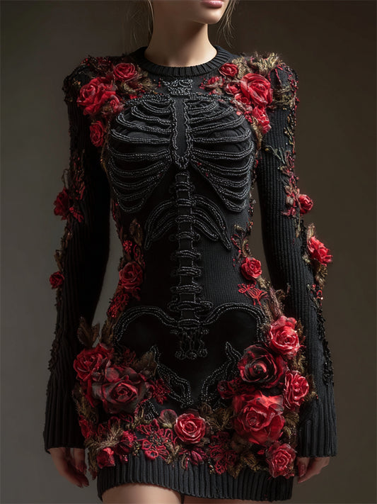 Dark Skeleton Anatomy Bloody Roses Beaded Sweater Dress artswardrobe