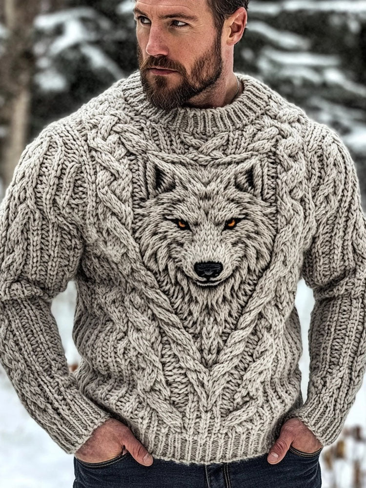 Men's Wolf Inspired Viking Celtic Jacquard Cozy Chunky Sweater elevenforest